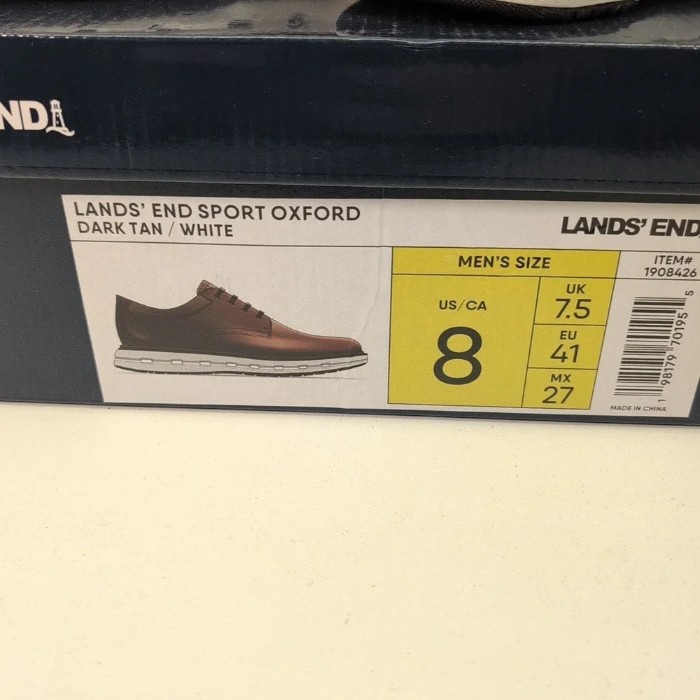 Lands End Sport Oxford Shoes Mens Dark Tan Brown Cushioned White‎ Sole NIB